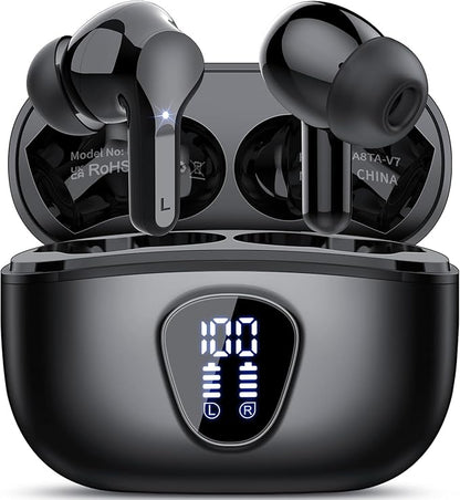 Wireless Earbuds, Bluetooth 5.4 Headphones HiFi Stereo, Bluetooth Earbuds with ENC Noise Cancelling Mic, IP7 Waterproof in Ear Earphones, 48H, LED Display Ear Buds for Pad Workout Sports, Black