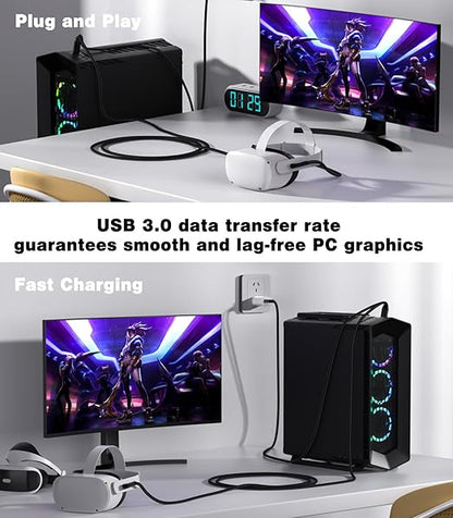 16FT VR Charging Link Cable | USB 3.0 High-Speed Data & Charge for Meta Quest 3S/3/2/Pro, Pico 4 and PC/SteamVR USB-C Charger Cord for VR Headset - Black