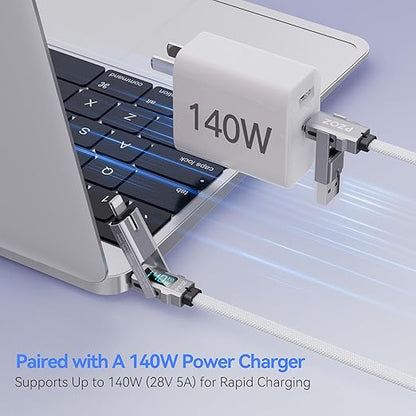 pzoz 4-in-1 USB C Fast Charging Cable with LED Display, Multi USBC Charger Combo Lightning/Type C/USB A Metal Ports for iPhone 16/15/14 Pro Max iPad MacBook AirPods Pro Samsung Google (140W, 5 ft)