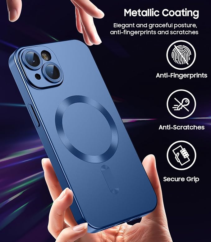 LEKEVO Magnetic for iPhone 14 Plus Case [Compatible with MagSafe][Built-in Camera Lens Protector] Slim Soft Silicone Bumper Shockproof Metallic Luster Phone Case (Blue)