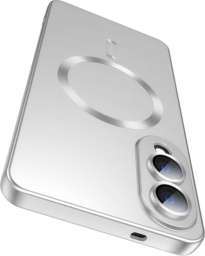 Magnetic for Samsung Galaxy S25 Edge Case [Compatible with MagSafe][Built-in Camera Lens Protector] Slim Soft Silicone Bumper Shockproof Metallic Luster Phone Case (Silver)
