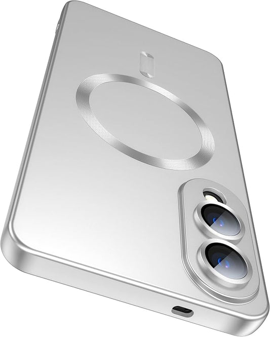 Magnetic for Samsung Galaxy S25 Edge Case [Compatible with MagSafe][Built-in Camera Lens Protector] Slim Soft Silicone Bumper Shockproof Metallic Luster Phone Case (Silver)