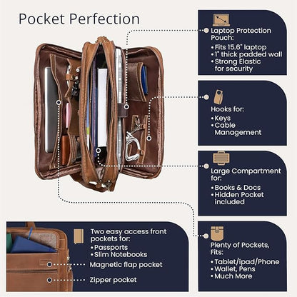 Luxorro Full Grain Leather Briefcase for Men, Light Brown, 17"(W) x 13"(H) x 5"(D), Fits 15.6 Inch Laptop