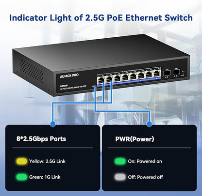 Upgrade 10 Port 2.5G PoE Switch,AUMOX PRO 8 Port 2.5G Network Unmanaged Switch with 2x10G SFP Gigabit Ethernet Unmanaged PoE Switch 120W,Compatible with 100/1000/2500Mbps for AP, NAS, PC Plug and Play