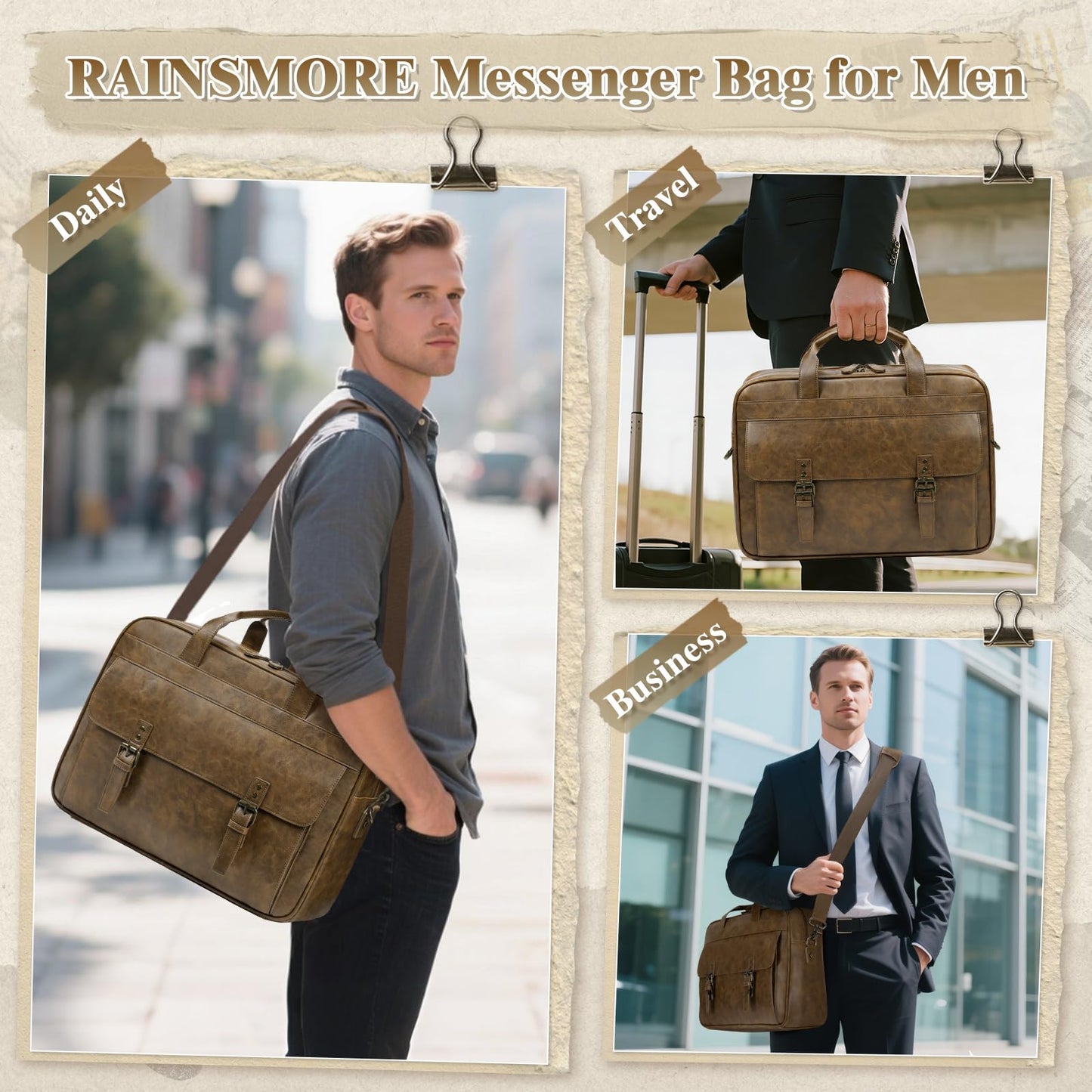 RAINSMORE Messenger Bag for Men 16 Inch Laptop Bag Vintage Leather Waterproof Laptop Briefcases Large Computer Bags Retro Satchel Shoulder Bag for Work，Business，Office，College