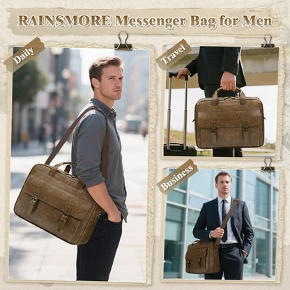 RAINSMORE Messenger Bag for Men 16 Inch Laptop Bag Vintage Leather Waterproof Laptop Briefcases Large Computer Bags Retro Satchel Shoulder Bag for Work，Business，Office，College