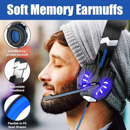 BENGOO G9000 Stereo Gaming Headset for PS4 PC Xbox One PS5 Controller, Noise Cancelling Over Ear Headphones with Mic, LED Light, 7.1 Surround Sound, Soft Memory Earmuffs for Nintendo Xbox Series X|S