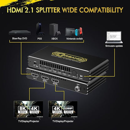 8K@60Hz 4K@120Hz HDMI 2.1 Splitter 1 in 2 Out,48 Gbps,HDCP 2.3,Supports VRR,ALLM,HDCP Bypass,EDID,Duplicate/Mirror/Copy,Downscale,HDR,Dolby Vision Atmos,Soundbar