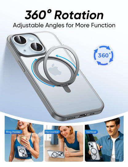 MAGIC JOHN 360° Rotatable Magnetic Invisible Stand for iPhone 15 Case [Anti-Slip Grip] [Compatible with MagSafe] 16FT Shockproof for iPhone 15 Case with Kickstand, Black