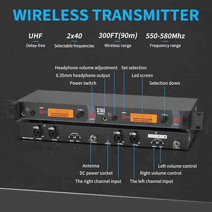 XTUGA RW2080 Wireless in Ear Monitor System 4 Bodypacks UHF IEM System, Dual Channel Mono Design Stage Monitors Earphone with 40 Frequencies, 300Ft for Band, Studio or Musicians, 902-928mhz