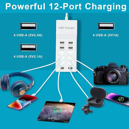 Multiple USB Charger Station 12 multiport Charger Station Hub with Fast Charging Wall Charger for Multiple Devices USB Charging Port Compatible with Cell iPhone Android Smartphone Smart Watch