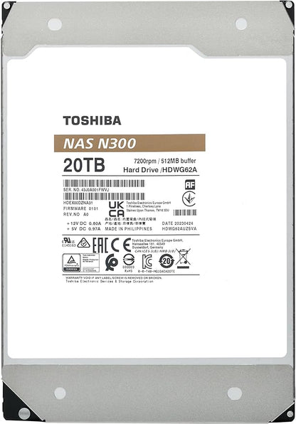 Toshiba N300 20TB NAS 3.5-Inch Internal Hard Drive - CMR SATA 6 GB/s 7200 RPM 512 MB Cache - HDWG62AXZSTA