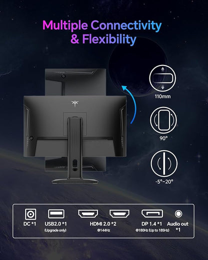 KTC 24 Inch Gaming Monitor 180Hz - 2K 1440P Computer Monitors, Fast IPS Monitor with HDR 400, Adaptive Sync, Up to 185Hz, HDMI 2.0 & Display Port 1.4, Height Adjustable, Vesa Mount, H24T7