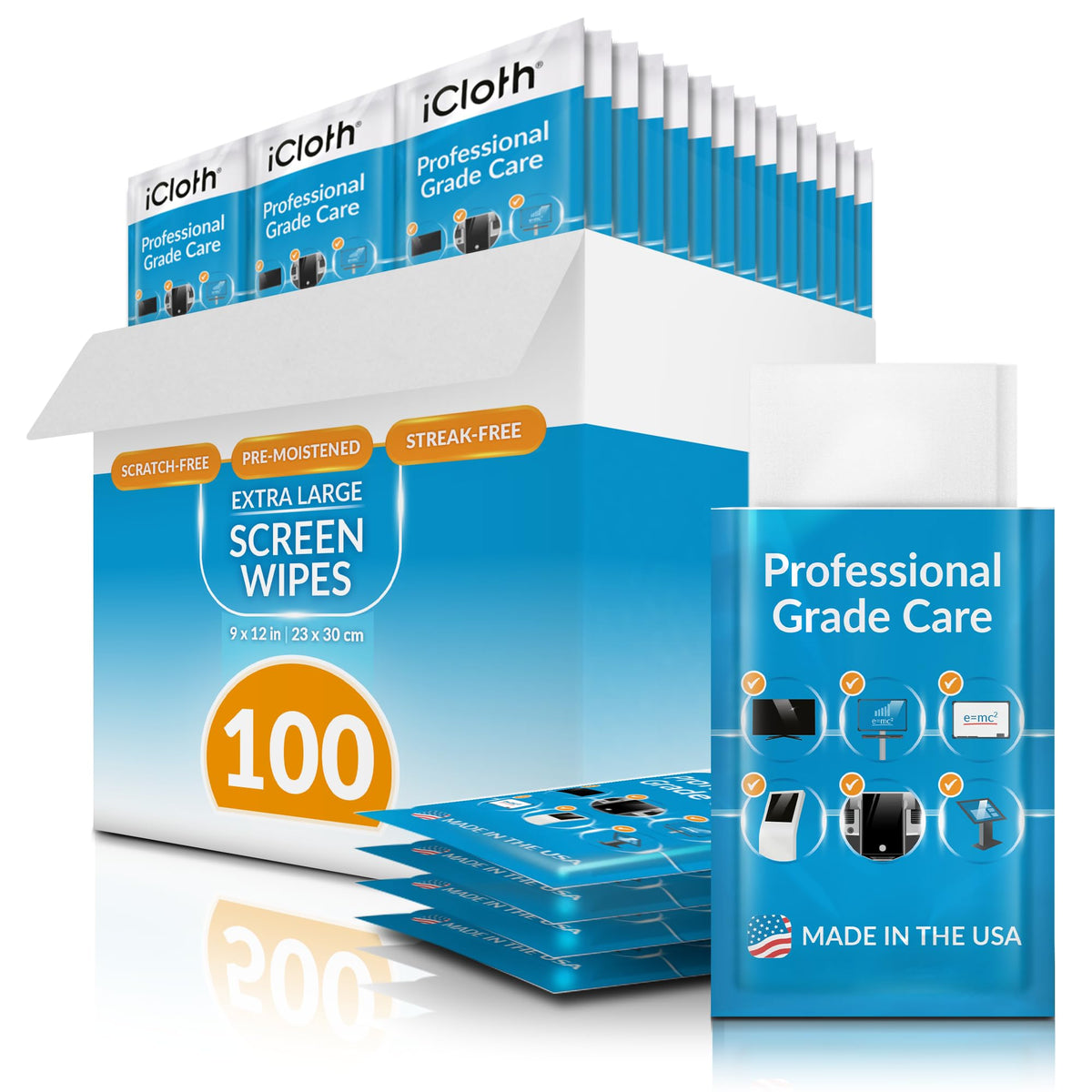 iCloth XL Screen Cleaning Wipes, Lint-Free and Streak-Free, Fast-Drying, Removes Dust, Fingerprints, and Smudges (24 XL Wipes)