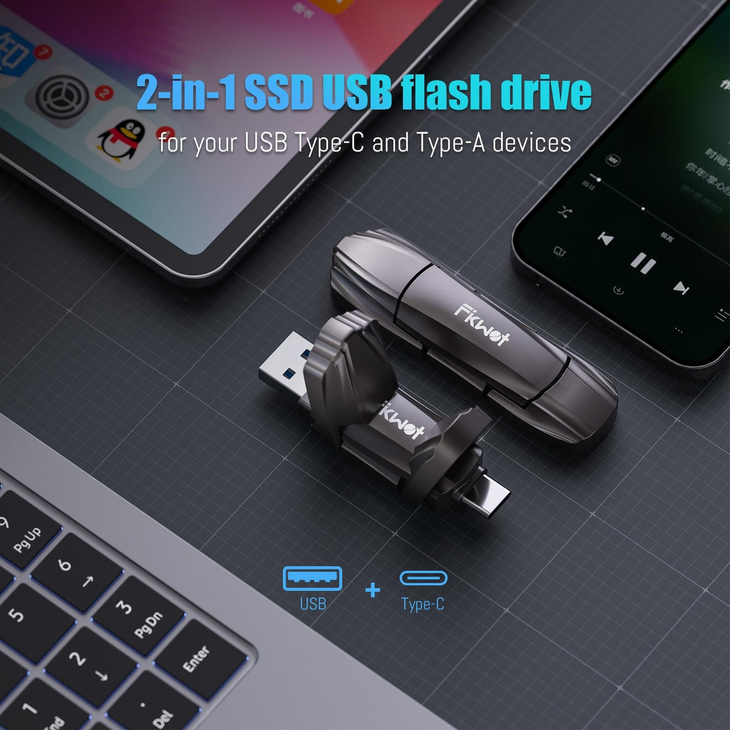 Fikwot FU388 External Solid State Drive 512GB, Up to 1000MB/s for Data Storage,Dual-Port Stick Design with USB-A & Type-C Expansion of Storage for iPhone 15/16 /Android/PC/Mac/Laptop