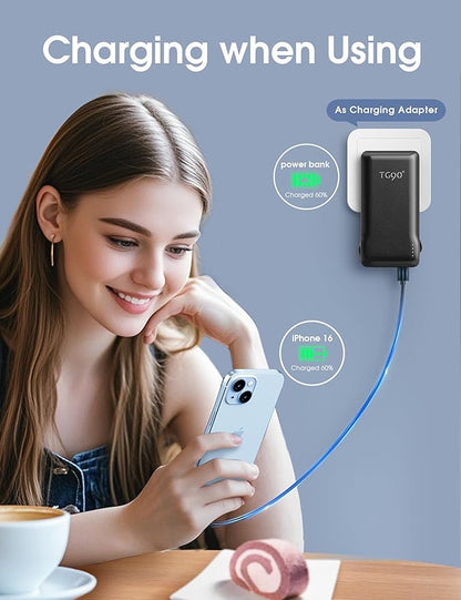 TG90° 10000mAh Portable Charger with Built-in AC Wall Plug and Cables, Ultra Slim USB C Power Bank External Battery Pack Compatible with iPhone and Android Phones