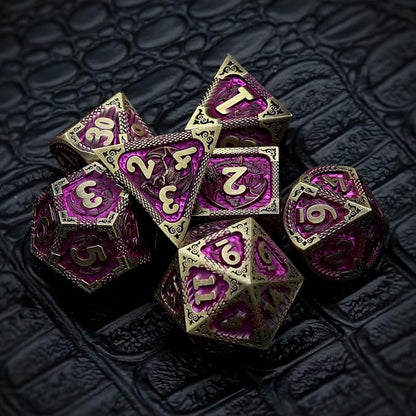 Haxtec Metal Dice Set Purple Black Dragon Pattern Metal DND Dice with Leather Dice Bag Polyhedral D&D Dice Compatible with Dungeons and Dragons TTRPG Gifts