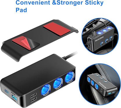 Cigarette Lighter Adapter, 222W 3 Socket Car Cigarette Lighter Plug USB Charger Multi Port 12V Car Plug Outlet Splitter with LED Voltage Display Independent Switches