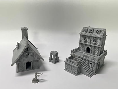 Medieval Miniature Building Terrain Set Compatible with Tabletop RPG War Games, Dioramas Building Set, Paintable, Gift for Tabletop Hobby Enthusiasts by HAUTICO (18mm Scale)