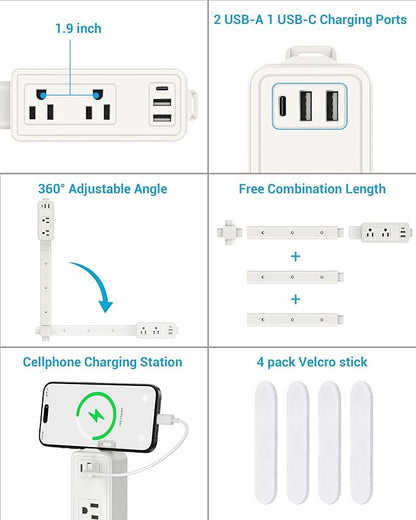 Outlet Extender Stick | Free Combination | USB-A, USB-C Port, 2 AC Outlets, Extend 9” to 36”, 360° Combine| Plug Extender | Put Behind Nightstands, Sofa, Bed, Cabinet etc.