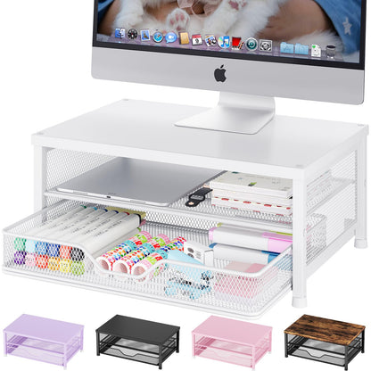 OPNICE Computer Monitor Stand Riser, Desk Organizer with Drawer, Printer & Laptop Stand, Office Desk Accessories & Workspace Desktop Organizers Storage for Office Supplies(White)