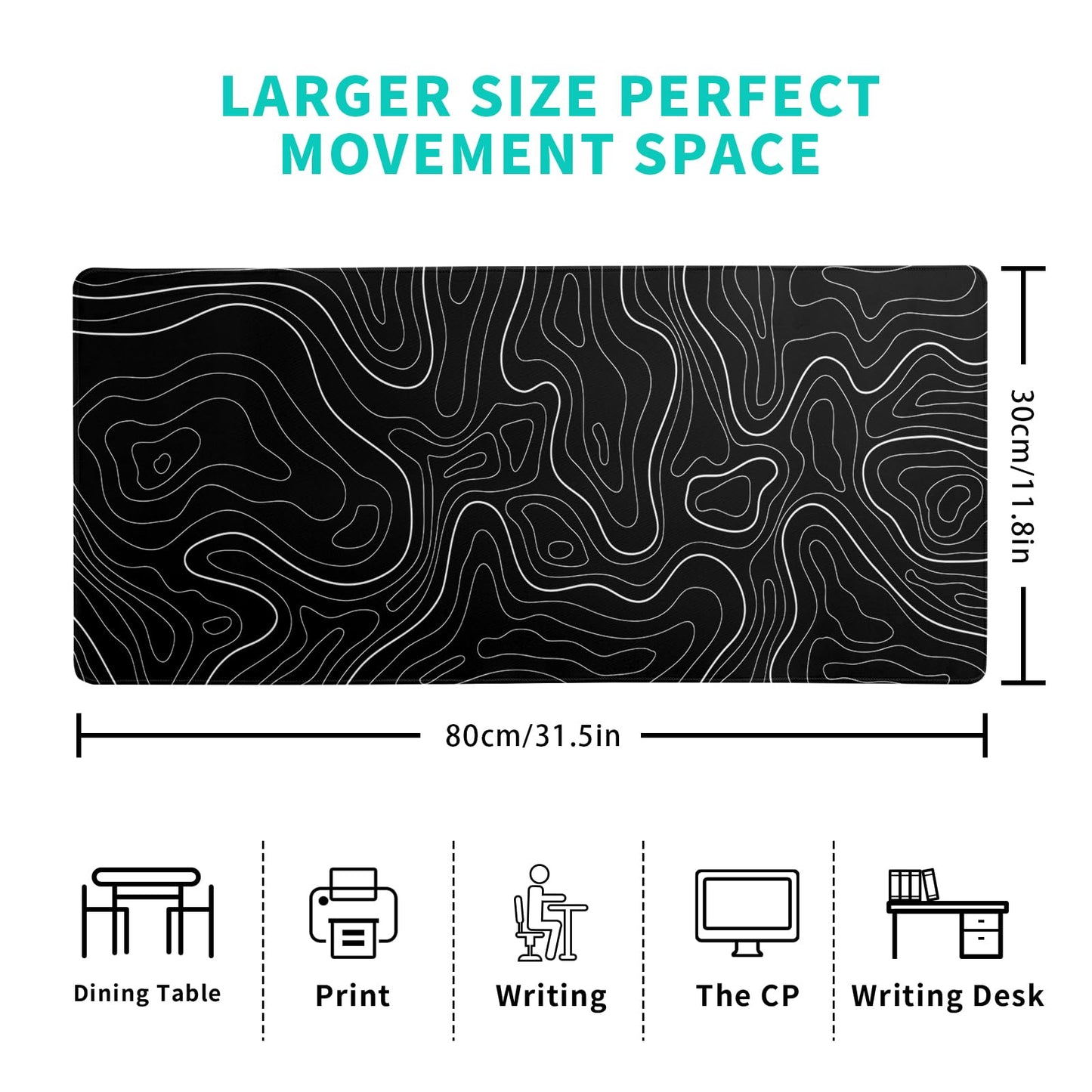 Topographic Contour Black Gaming Mouse Pad XL Geographic Map Lines Extended Big Large Desk Mat Non-Slip Rubber Base Stitched Edge Long Keyboard Mousepad for PC Computer Laptop,31.5x11.8 Inch