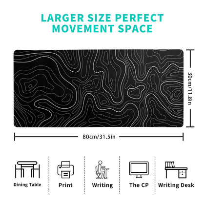 Topographic Contour Black Gaming Mouse Pad XL Geographic Map Lines Extended Big Large Desk Mat Non-Slip Rubber Base Stitched Edge Long Keyboard Mousepad for PC Computer Laptop,31.5x11.8 Inch