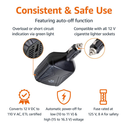 Amazon Basics 75W Portable Car Power Inverter, 12V to 110V, USB Charging Port, AC Outlet for Vehicles, Black, 5.07 x 2.65 x 1.6 inches
