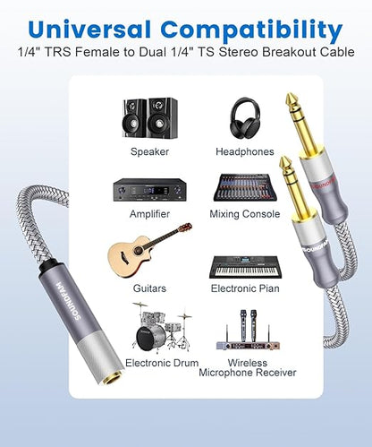 1/4" Splitter Cable 2 Feet/60CM,Microphone Splitter 1 Female to 2 Male TRS 1/4 inch Splitter 6.35mm Stereo Female Plug to Dual 6.35mm Male-Grey