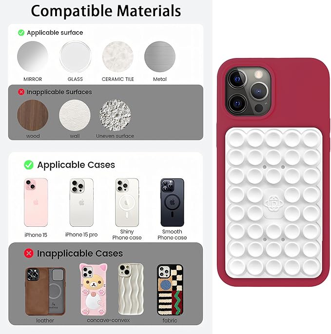 Silicone Double-Sided Suction Phone Grip Detachable Mount - Car Dashboard/Shower Phone Holder, Hands-Free For Selfies & Videos, TikTok/ASMR - iphone & Android Compatible (3.74"x2.2", White+Baby Pink)
