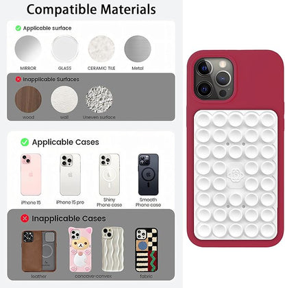 Silicone Double-Sided Suction Phone Grip Detachable Mount - Car Dashboard/Shower Phone Holder, Hands-Free For Selfies & Videos, ASMR- iphone & Android Compatible (Large, Transparent+BabyPink)