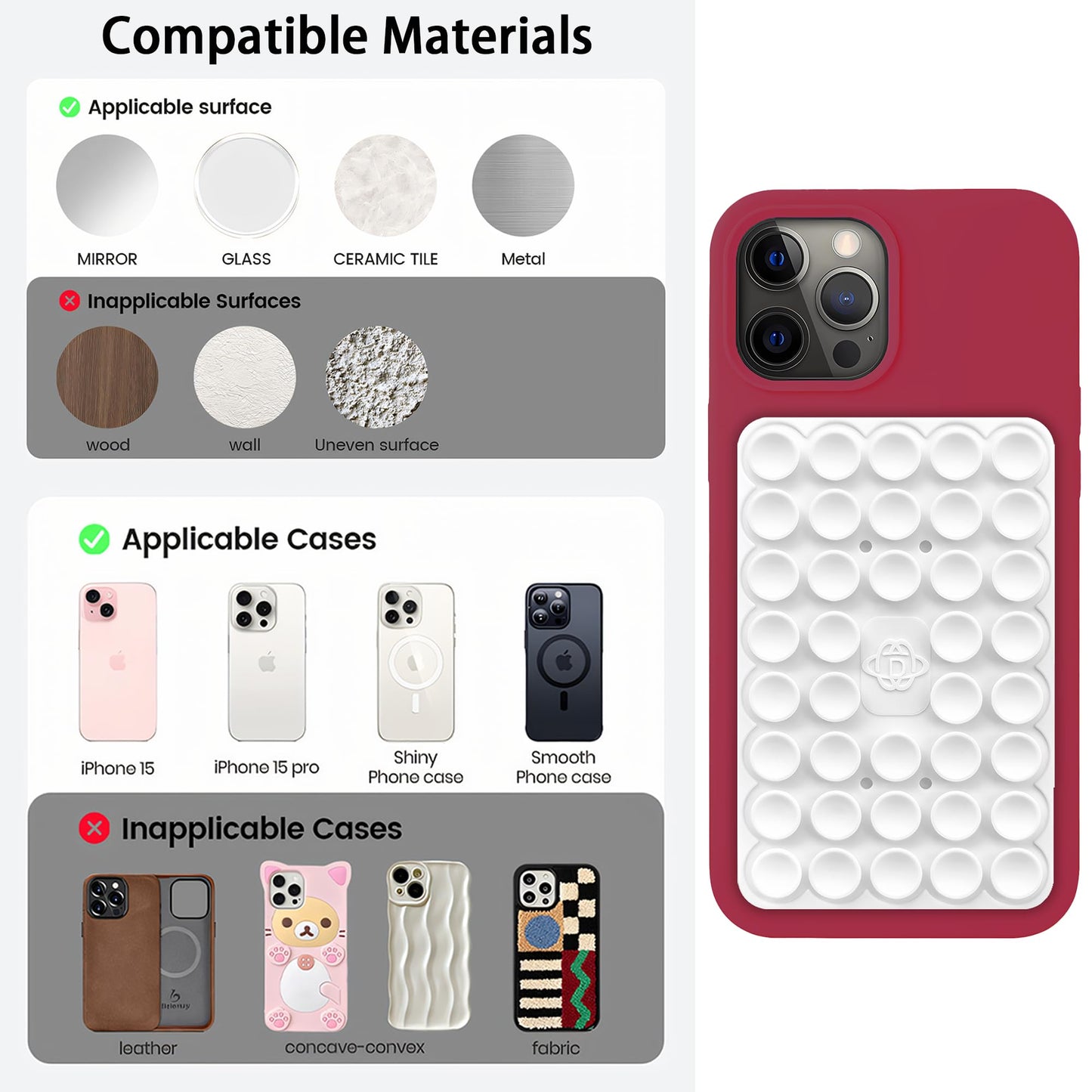 Silicone Double-Sided Suction Phone Case Detachable Mount, Car Dashboard Phone Holder, Fidget Sticky Grip Phone Accessories, Hands-Free Trending Stuff Stand for ASMR/TikTok/Gym/Cooking Creator(White)