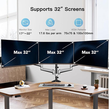 HUANUO Triple Monitor Stand - Full Motion Articulating Gas Spring Monitor Mount Fit Three 17 to 32 inch Flat/Curved LCD Computer Screens with Clamp, Grommet Kit, Silver