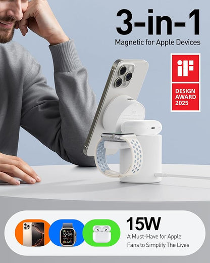 iWALK 3 in 1 Wireless Charging Stand with Auto Rotation, Charging Station with Magnet for Apple Devices, 15W Foldable Wireless Charger Station for iPhone 16 15 14 13 12 & Apple Watch & Airpods, White