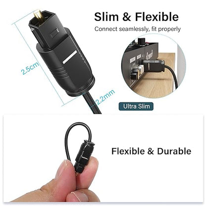Adoreen Ultra-Thin Slim Digital Optical Audio Cable 6 FT/2 Pack, Fiber Optic Toslink SPDIF Cord Gold-Plated High-Speed Flexible & Durable for TV Soundbar Home Theater Game Console PS4 Xbox +Ties