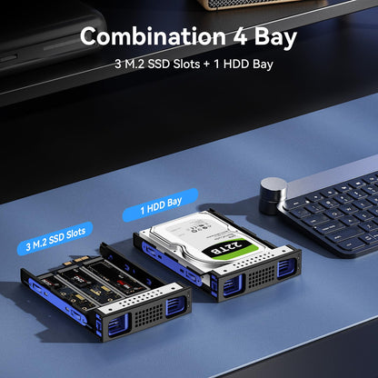 CENMATE Hybrid 2.5/3.5" SATA HDD/SSD+3* M / B+M Key M.2 NVMe Enclosure with Cooling Fan and USB A/C 3.2 Gen 2 (10Gbps), Hard Drive Enclosure Support 46TB(22TB HDD+3*8TB 2230/2242/2260/2280/22110 SSDs)