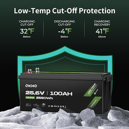 OKMO 24V 100Ah LiFePO4 Lithium Battery for Marine, Trolling Motor, RV, with Low Temperature Protection, 10 Years 15000+ Deep Cycles, 25.6V Iron Phosphate for Home Solar Energy Storage Off-Grid