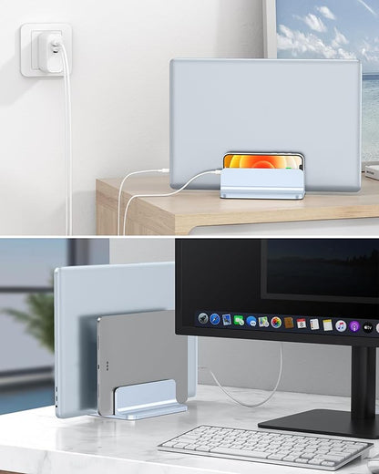 OMOTON [Updated Dock Version Vertical Laptop Stand, Double Desktop Stand Holder with Adjustable Dock (Up to 17.3 inch), Fits All MacBook/Surface/Samsung/HP/Dell/Chrome Book (Sky Blue)