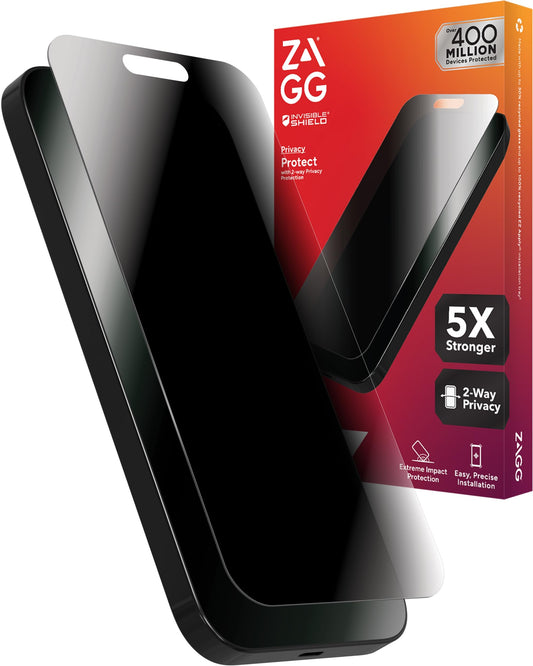 ZAGG Glass Elite Privacy iPhone 15 Pro Max Screen Protector - 5X Stronger with Reinforced Edges, 2-Way Privacy Filter, Scratch & Smudge-Resistant Surface, InvisibleShield, Easy to Install