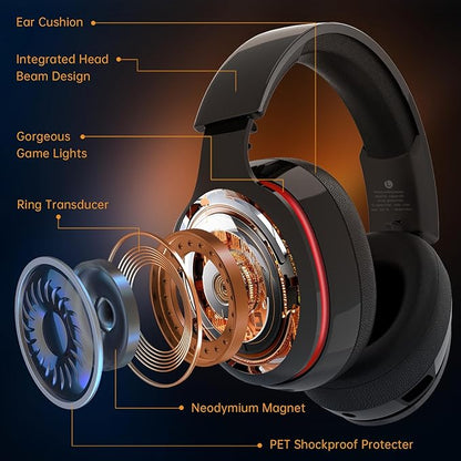2.4GHz Wireless Gaming Headset for PS5, PS4 Fortnite & Call of Duty/FPS Gamers, PC, Nintendo Switch, Bluetooth 5.3 Gaming Headphones with Mic, Stereo Sound, Red Light -BlackRed