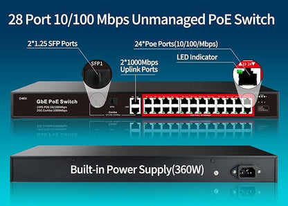 STEAMEMO 28 Port PoE Switch, 24 PoE+ Port@ 360W, 2 Gigabit Uplink, 2*1G SFP, 802.3af/at, Metal Casing 19-inch Rackmount, Overload Protection w/ Port, Unmanaged Plug and Play