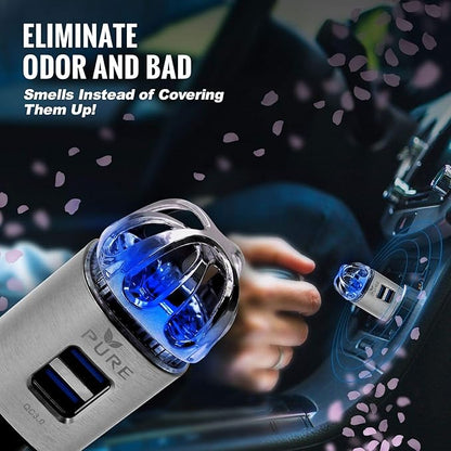 Car Air Purifier 3in1 Premium Stainless Steel Air Filter Ionizer w/Dual USB Quick Charge 3.0 USB-Eliminate Allergens Odor Smell, Smoke, Pets, Pollen Mold Bacteria w/Anti-Microbial Deodorizer (Silver)