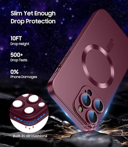 Magnetic for iPhone 15 Pro Case [Compatible with MagSafe][Built-in Camera Lens Protector] Slim Soft Silicone Bumper Shockproof Metallic Shine Phone Case (Burgundy)