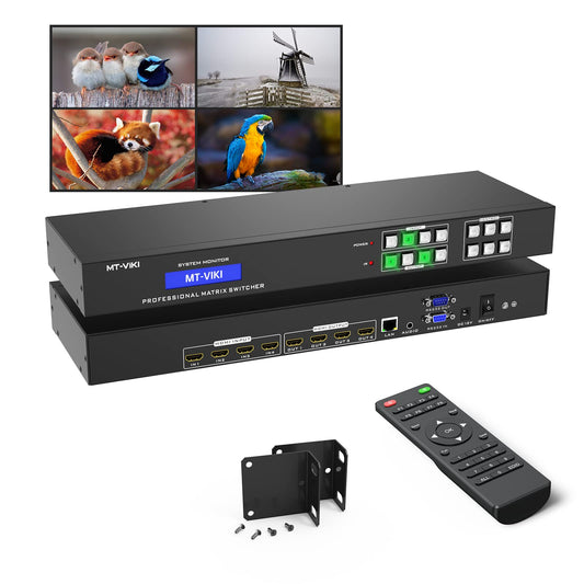 MT-VIKI 4K HDMI Matrix Switch 4x4 with Audio Extraction +Web GUI+ Remote, Rack Mount Switcher & Splitter, 4K@30Hz, EDID, RS232, LAN Port, APP for Conference Room, Church (4 in 4 Out)