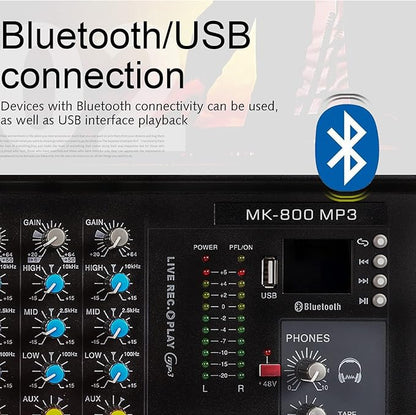 G-MARK MK800MP3 Professional Audio Mixer Sound Board 8 Channels Mixing Console with MP3 Player +48V Phantom Power Digital USB Bluetooth Reverb DJ Mixer Audio for PC Karaoke Stage Studio Recording