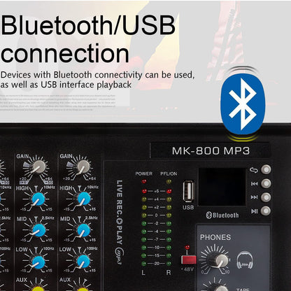 G-MARK MK800MP3 Professional Audio Mixer Sound Board 8 Channels Mixing Console with MP3 Player +48V Phantom Power Digital USB Bluetooth Reverb DJ Mixer Audio for PC Karaoke Stage Studio Recording