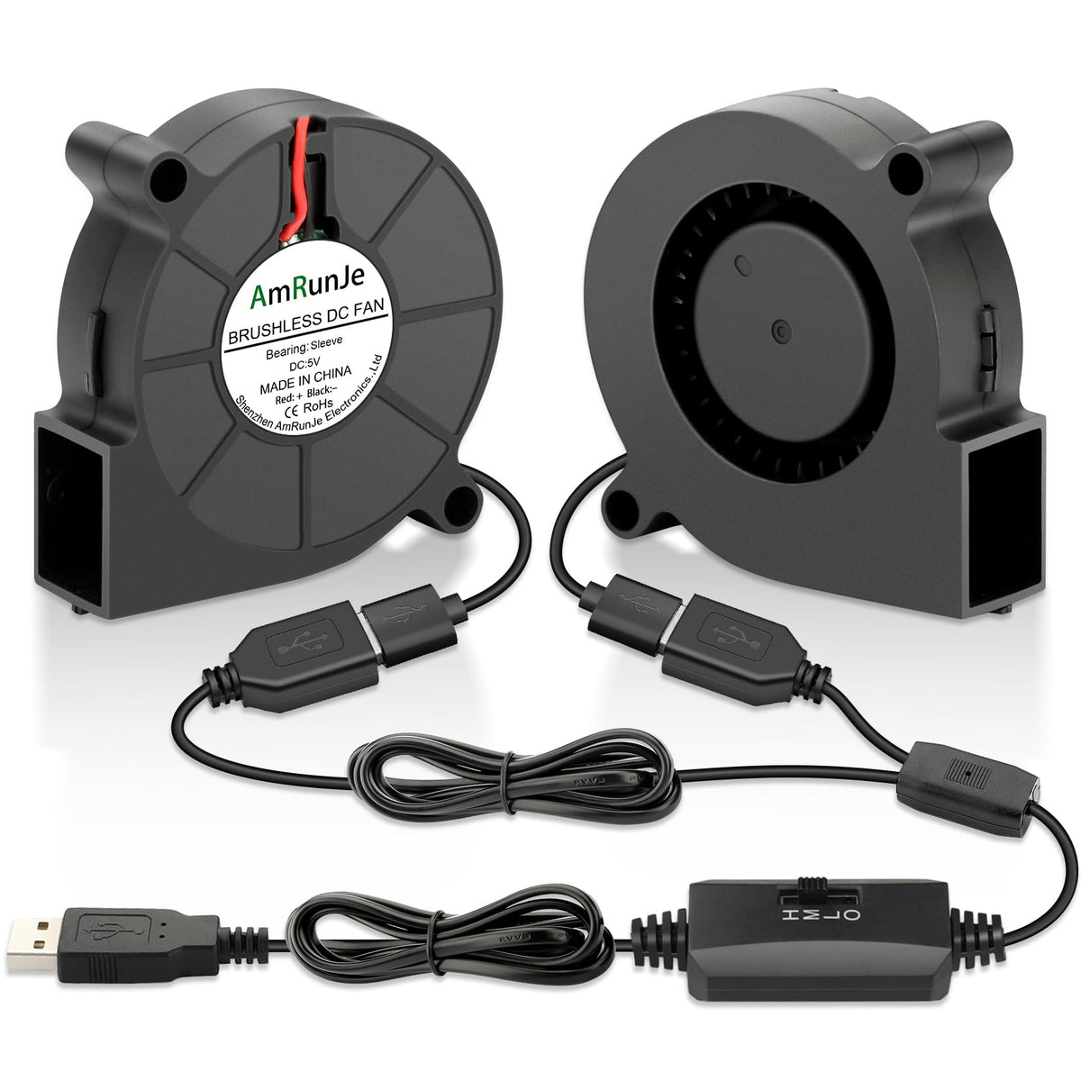 AmRunJe 60mm Small USB Blower Fan 5V with 3 Degree Speed for Helmet 2pcs