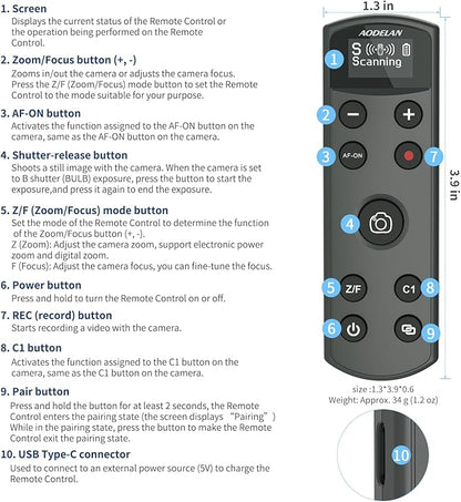 for Sony Camera Rechargeable Shutter Release, AODELAN Wireless Remote Control Zoom Focus Record Compatible with Sony ZV-E10,ZV-1F,ZV-1,A6400,A6700,A7C,A7III,A9,A9 II,DSC-RX0 II,Replace RMT-P1BT(Black)