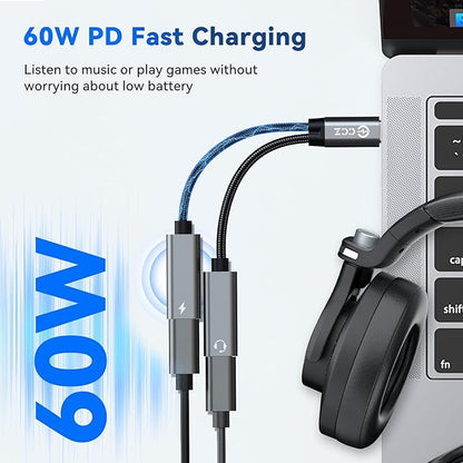 3PCS USB C Headphone Splitter,CCZ CA01 USB C to Type C Headphone Jack and Charger Adapter, 1 in 2 out Dongle Hi-Res DAC Audio Cable with PD 60W Fast Charging for Samsung Galaxy S25 S24 S23 (USBC-USBC)