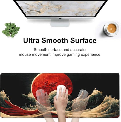 Red Moon Above The Sea Desk Mat,Large Chinese Style Landscape Gaming Keyboard Mouse Pad,Non-Slip Rubber Base Desk Pad Thick Stitched Edges Waterproof Mousepad Mouse Mat 31.5"x11.8"
